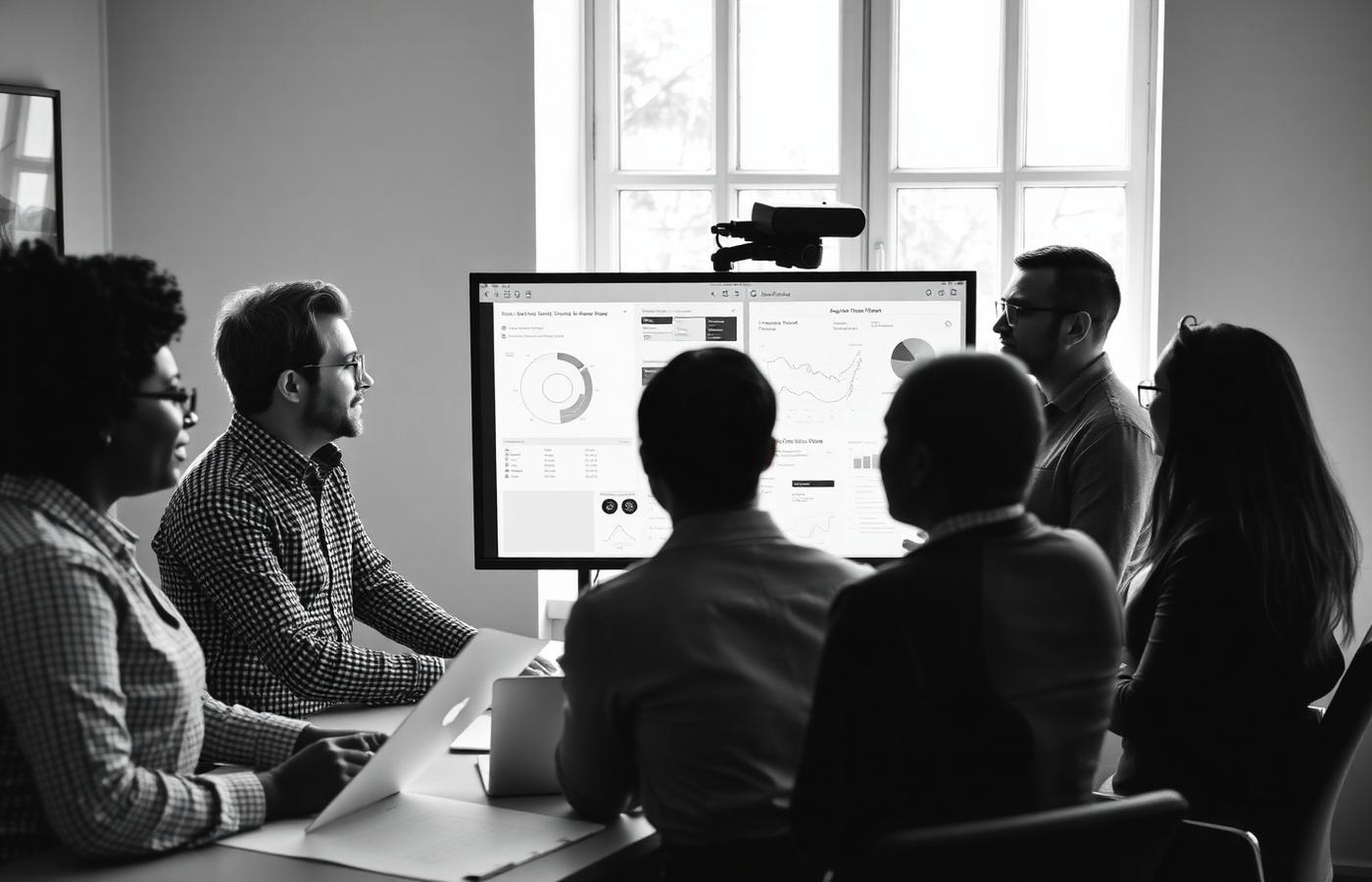 A team collaborating around a shared display in a bright room